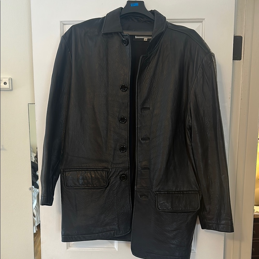 Perry Ellis Black Leather Button Up Coat with Structured Tailored Look